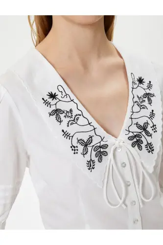 Balloon Sleeve Blouse Peter Pan Collar Buttoned Short Sleeve Embroidery - 5