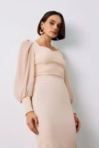 Balloon Sleeve Crop Blouse - BEIGE - 4