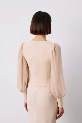 Balloon Sleeve Crop Blouse - BEIGE - 5