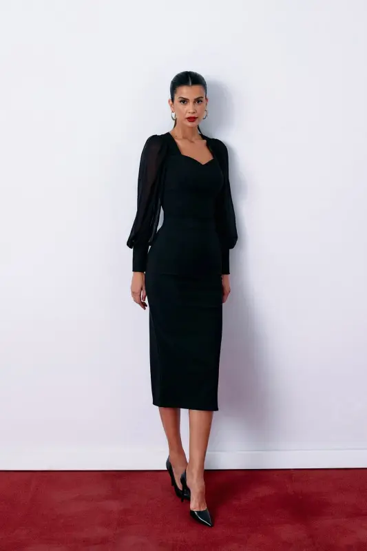 Balloon Sleeve Crop Blouse - Black-BLACK - 1