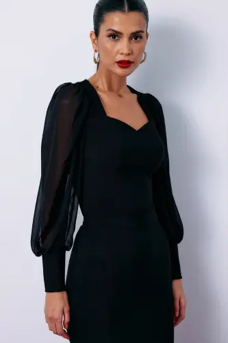 Balloon Sleeve Crop Blouse - Black-BLACK - SATEEN (1)