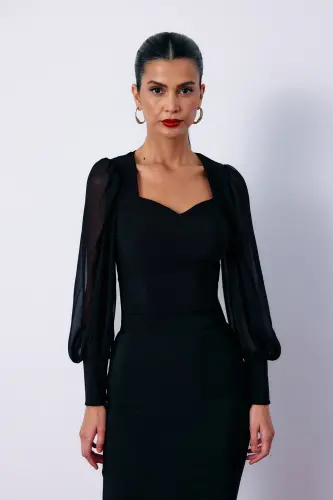 Balloon Sleeve Crop Blouse - Black-BLACK - 3