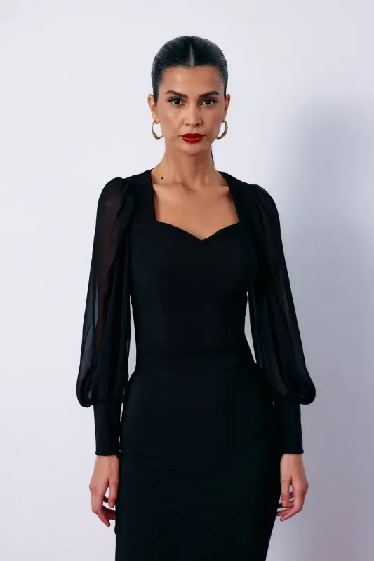 Balloon Sleeve Crop Blouse - Black-BLACK - 3