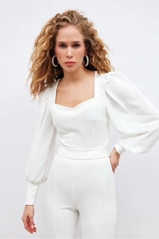 Balloon Sleeve Crop Blouse - Ecru-ECRU - 2