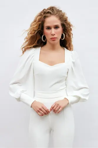 Balloon Sleeve Crop Blouse - Ecru-ECRU - 4