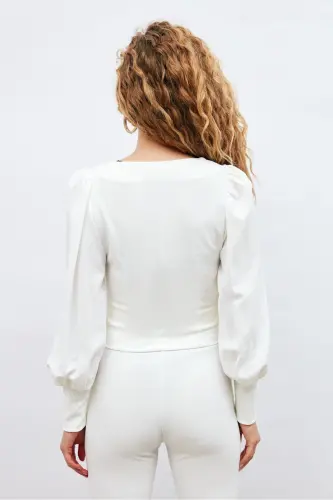 Balloon Sleeve Crop Blouse - Ecru-ECRU - 7