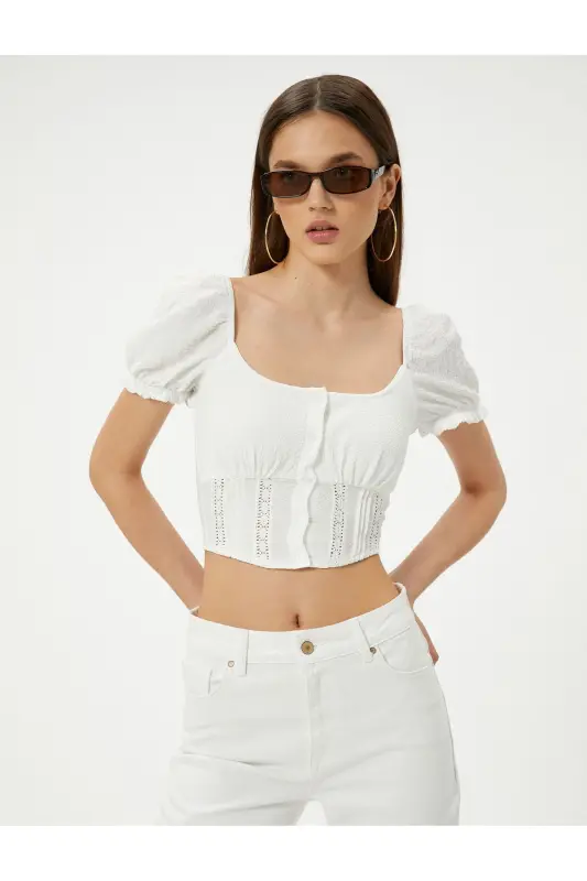 Balloon Sleeve Crop Blouse Lace Detailed Buttoned U Neck - 3