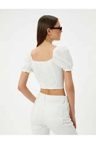 Balloon Sleeve Crop Blouse Lace Detailed Buttoned U Neck - 4