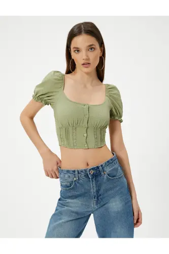 Balloon Sleeve Crop Blouse Lace Detailed Buttoned U Neck - 3