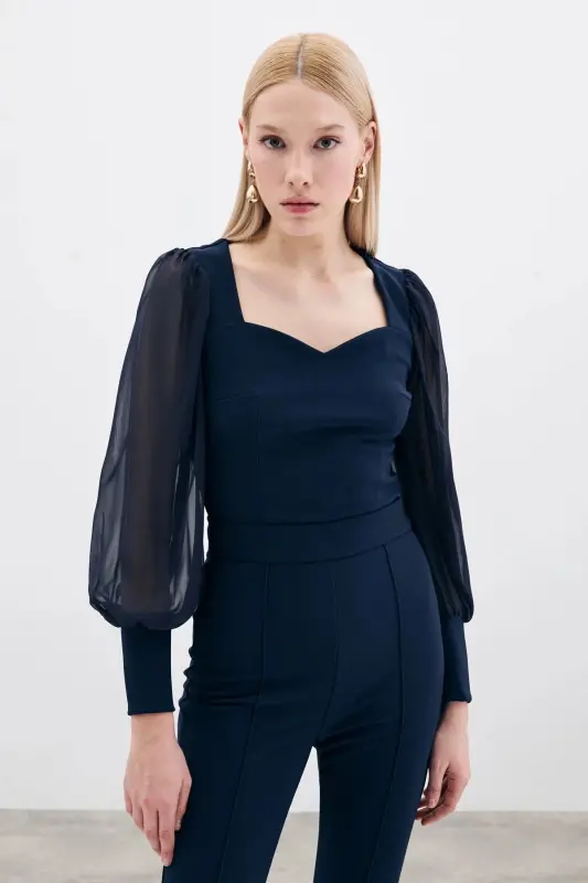 Balloon Sleeve Crop Blouse - NAVY-NAVY - SATEEN