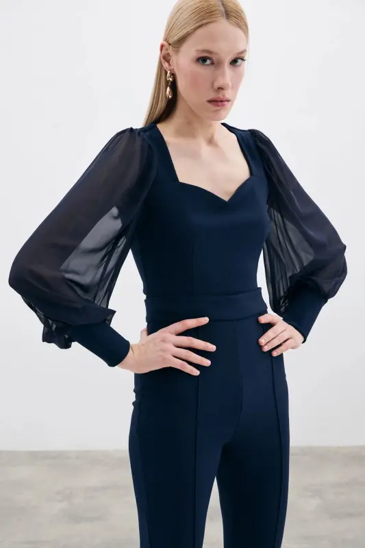 Balloon Sleeve Crop Blouse - NAVY-NAVY - 2