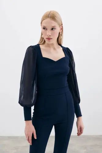 Balloon Sleeve Crop Blouse - NAVY-NAVY - 3
