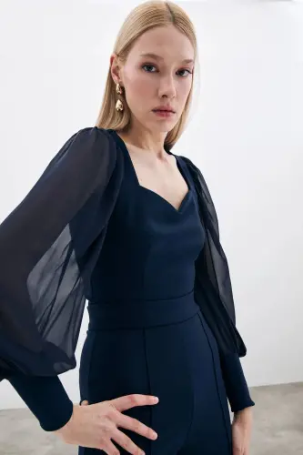 Balloon Sleeve Crop Blouse - NAVY-NAVY - 5