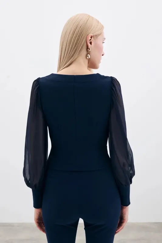 Balloon Sleeve Crop Blouse - NAVY-NAVY - 6