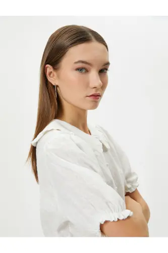 Balloon Sleeve Crop Blouse Wide Peter Pan Collar Buttoned Cotton - 1