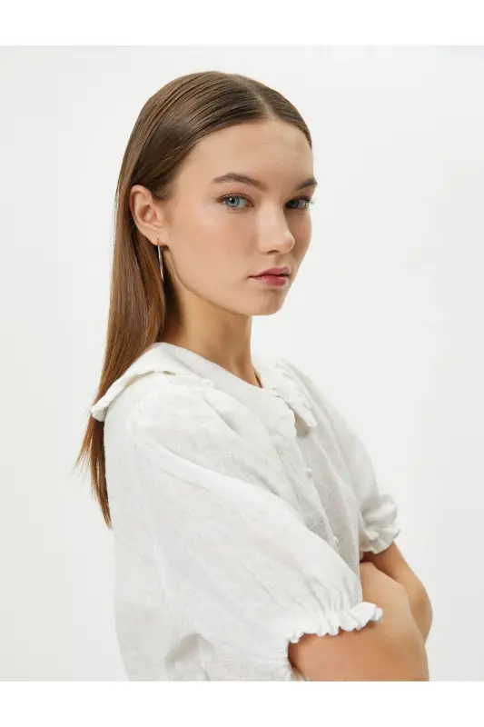 Balloon Sleeve Crop Blouse Wide Peter Pan Collar Buttoned Cotton - KOTON