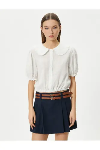 Balloon Sleeve Crop Blouse Wide Peter Pan Collar Buttoned Cotton - 3