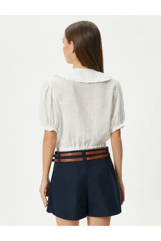 Balloon Sleeve Crop Blouse Wide Peter Pan Collar Buttoned Cotton - 4