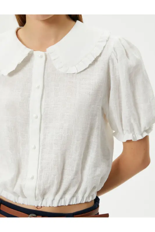Balloon Sleeve Crop Blouse Wide Peter Pan Collar Buttoned Cotton - 5
