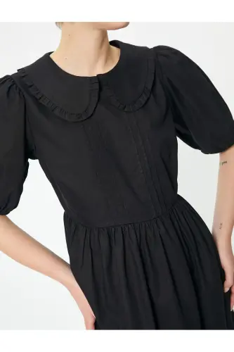 Balloon Sleeve Dress Midi Length Peter Pan Collar Cotton-Black - 5