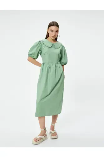 Balloon Sleeve Dress Midi Length Peter Pan Collar Cotton-Green - 1