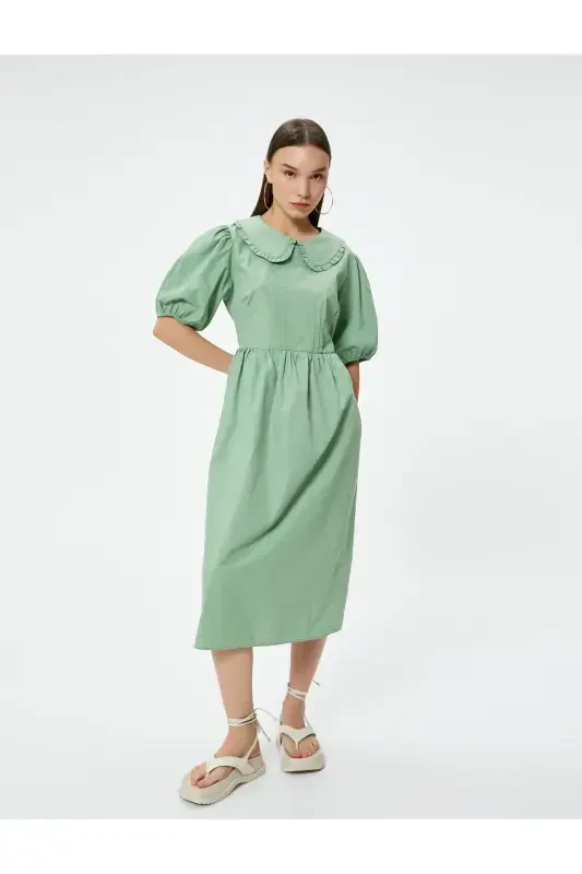 Balloon Sleeve Dress Midi Length Peter Pan Collar Cotton-Green - KOTON