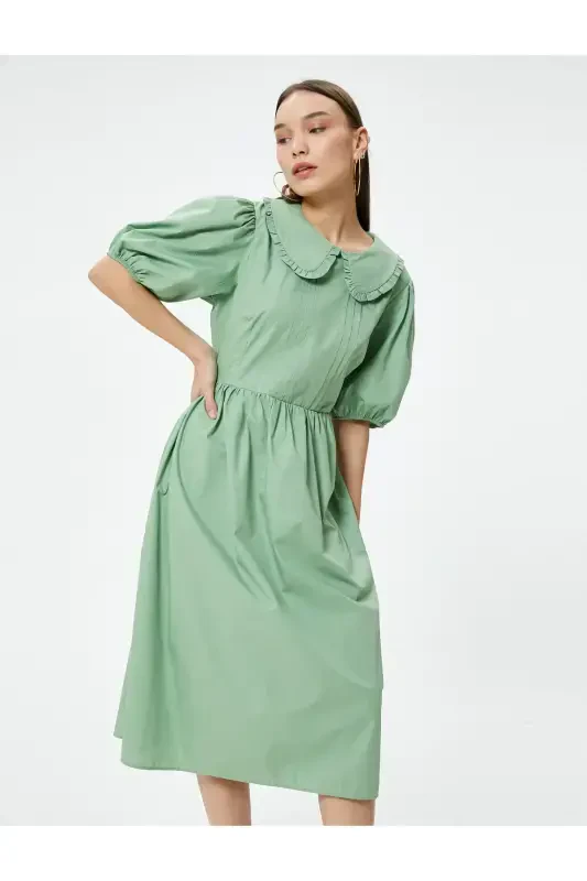 Balloon Sleeve Dress Midi Length Peter Pan Collar Cotton-Green - 2