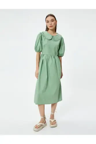 Balloon Sleeve Dress Midi Length Peter Pan Collar Cotton-Green - 3