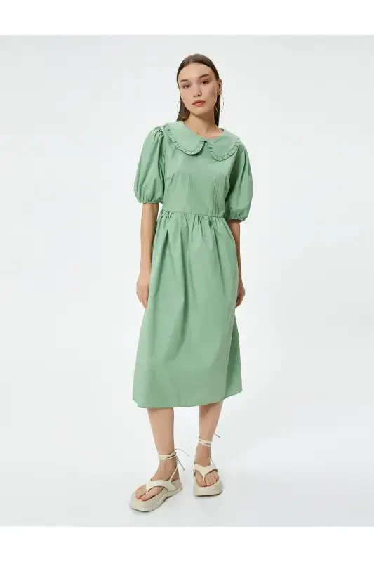 Balloon Sleeve Dress Midi Length Peter Pan Collar Cotton-Green - 3