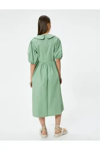 Balloon Sleeve Dress Midi Length Peter Pan Collar Cotton-Green - 4