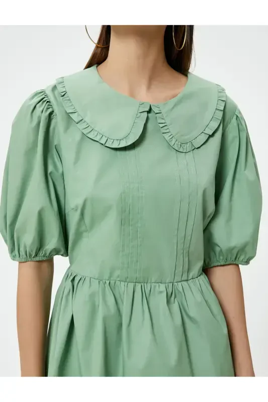 Balloon Sleeve Dress Midi Length Peter Pan Collar Cotton-Green - 5
