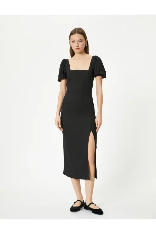 Balloon Sleeve Dress Midi Slit Detailed Short Sleeve Slim Fit Crinkle-Black - 3