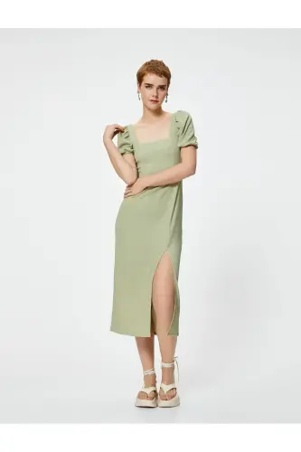 Balloon Sleeve Dress Midi Slit Detailed Short Sleeve Slim Fit Crinkle-Green 
