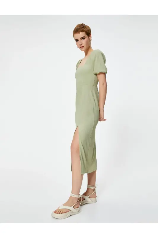 Balloon Sleeve Dress Midi Slit Detailed Short Sleeve Slim Fit Crinkle-Green - 3