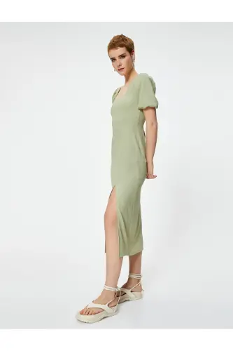 Balloon Sleeve Dress Midi Slit Detailed Short Sleeve Slim Fit Crinkle-Green - 3