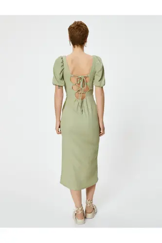 Balloon Sleeve Dress Midi Slit Detailed Short Sleeve Slim Fit Crinkle-Green - 4
