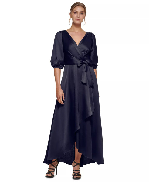 Balloon-Sleeve Faux-Wrap Gown Midnight - 1