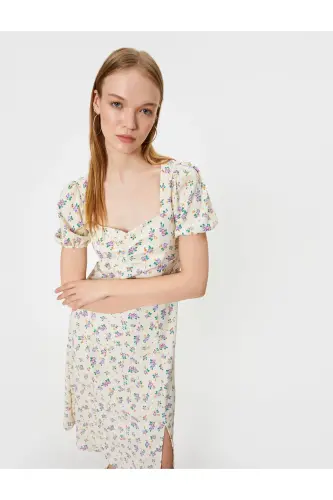 Balloon Sleeve Midi Floral A-Line Square Neck Slit Crinkle - KOTON (1)