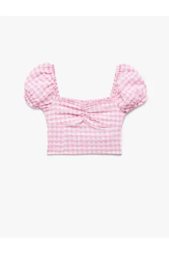 Balloon Sleeve Ruffled Collar Guipure Gingham Crop Blouse - 4