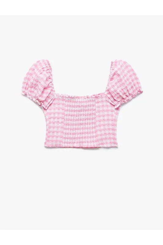 Balloon Sleeve Ruffled Collar Guipure Gingham Crop Blouse - 5