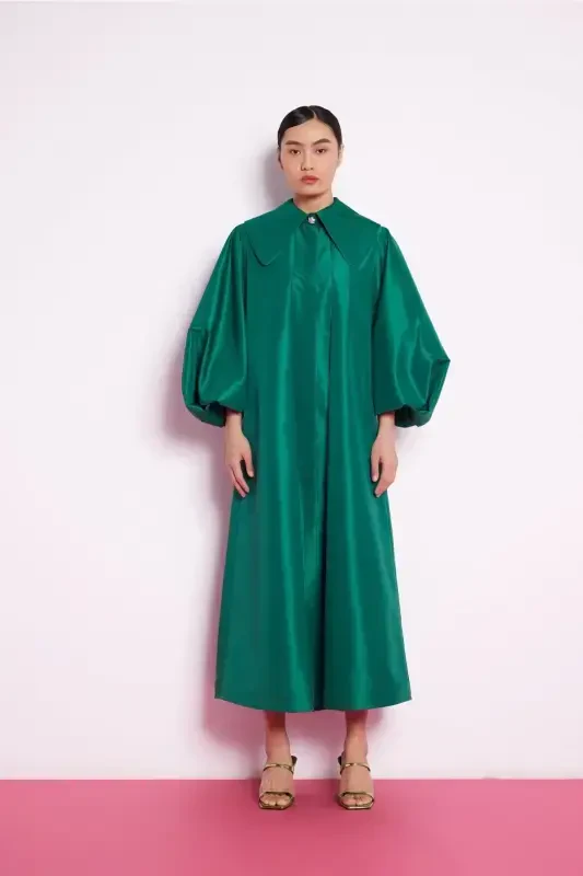 Balloon Sleeve Taffeta Dress Emerald Green-Emerald Green - 1