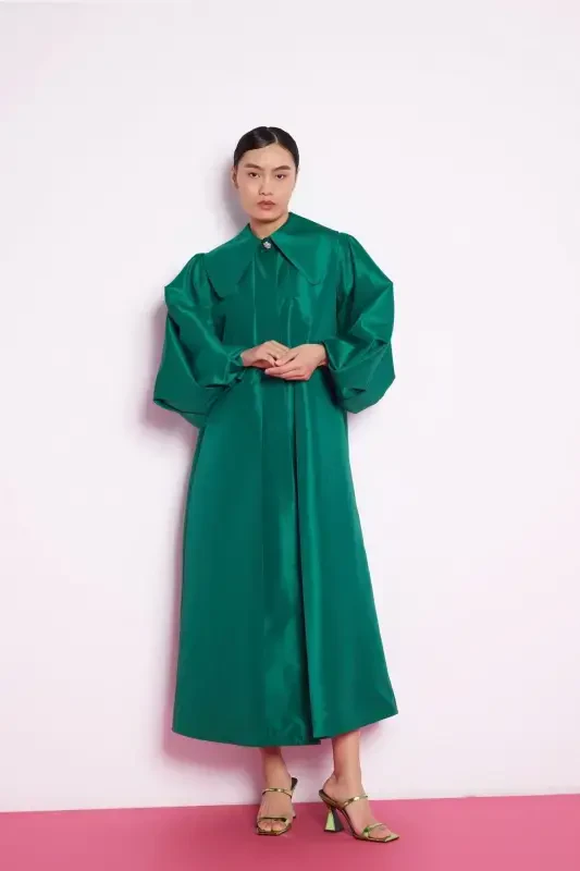 Balloon Sleeve Taffeta Dress Emerald Green-Emerald Green - 3