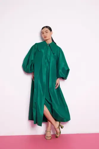 Balloon Sleeve Taffeta Dress Emerald Green-Emerald Green - 4