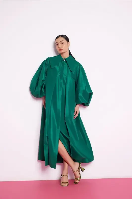 Balloon Sleeve Taffeta Dress Emerald Green-Emerald Green - 4