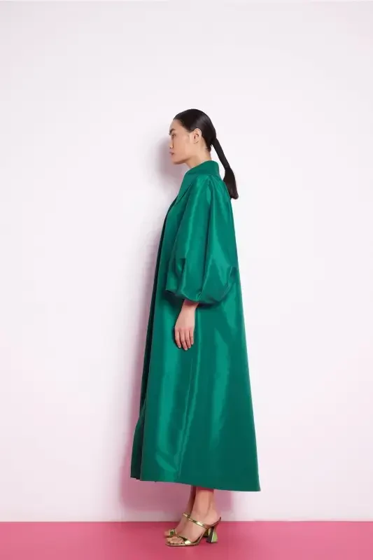 Balloon Sleeve Taffeta Dress Emerald Green-Emerald Green - 5