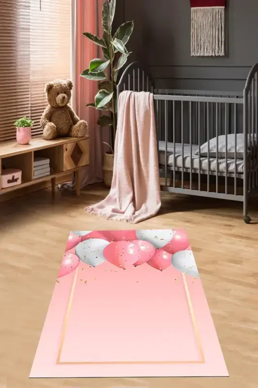 Balon Desen Gold Çerçeveli Dijital Baskı Yıkanabilir Kaymaz Taban Pembe Genç Kız Çocuk Odası Halısı-Şeker Pembe - 1
