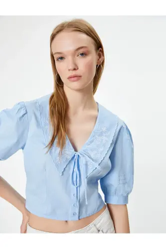 Balon Kol Bluz Bebe Yaka Düğmeli Kısa Kollu Nakışlı Slim Fit - Mavi - 1