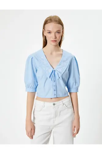 Balon Kol Bluz Bebe Yaka Düğmeli Kısa Kollu Nakışlı Slim Fit - Mavi - 3