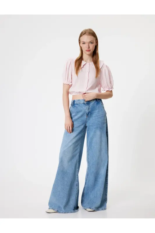 Balon Kol Crop Bluz Geniş Bebe Yaka Düğmeli Pamuklu-Gül - 2