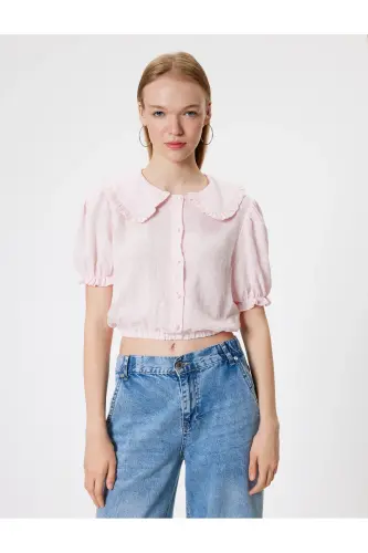 Balon Kol Crop Bluz Geniş Bebe Yaka Düğmeli Pamuklu-Gül - 3